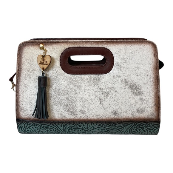 Mexican Hand Tooled Cow Hair Teal Zip Clutch Purse Handbag with Adjustable Strap - Picture 1 of 15